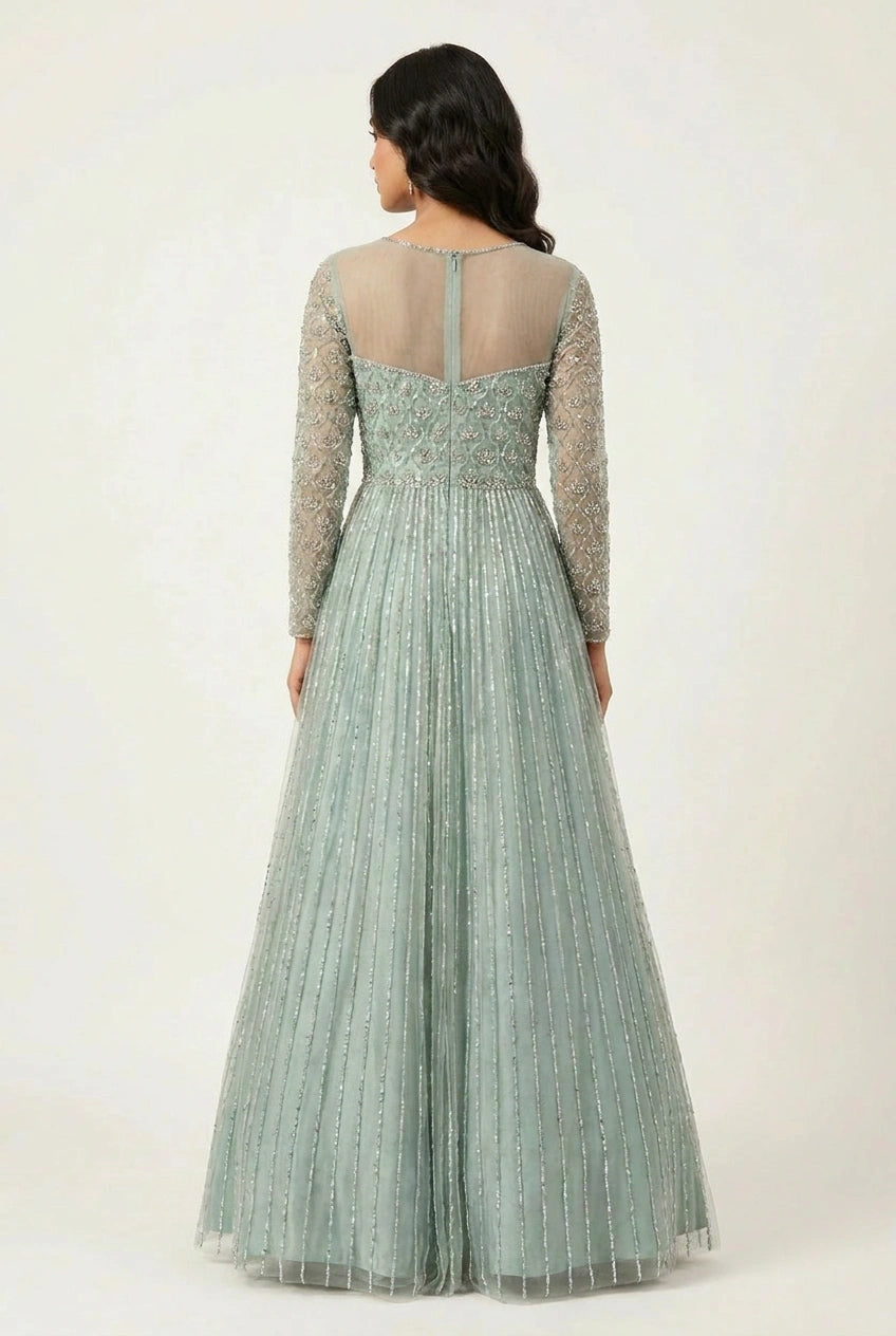Firozi Blue Net Anarkali Gown for Reception Evening