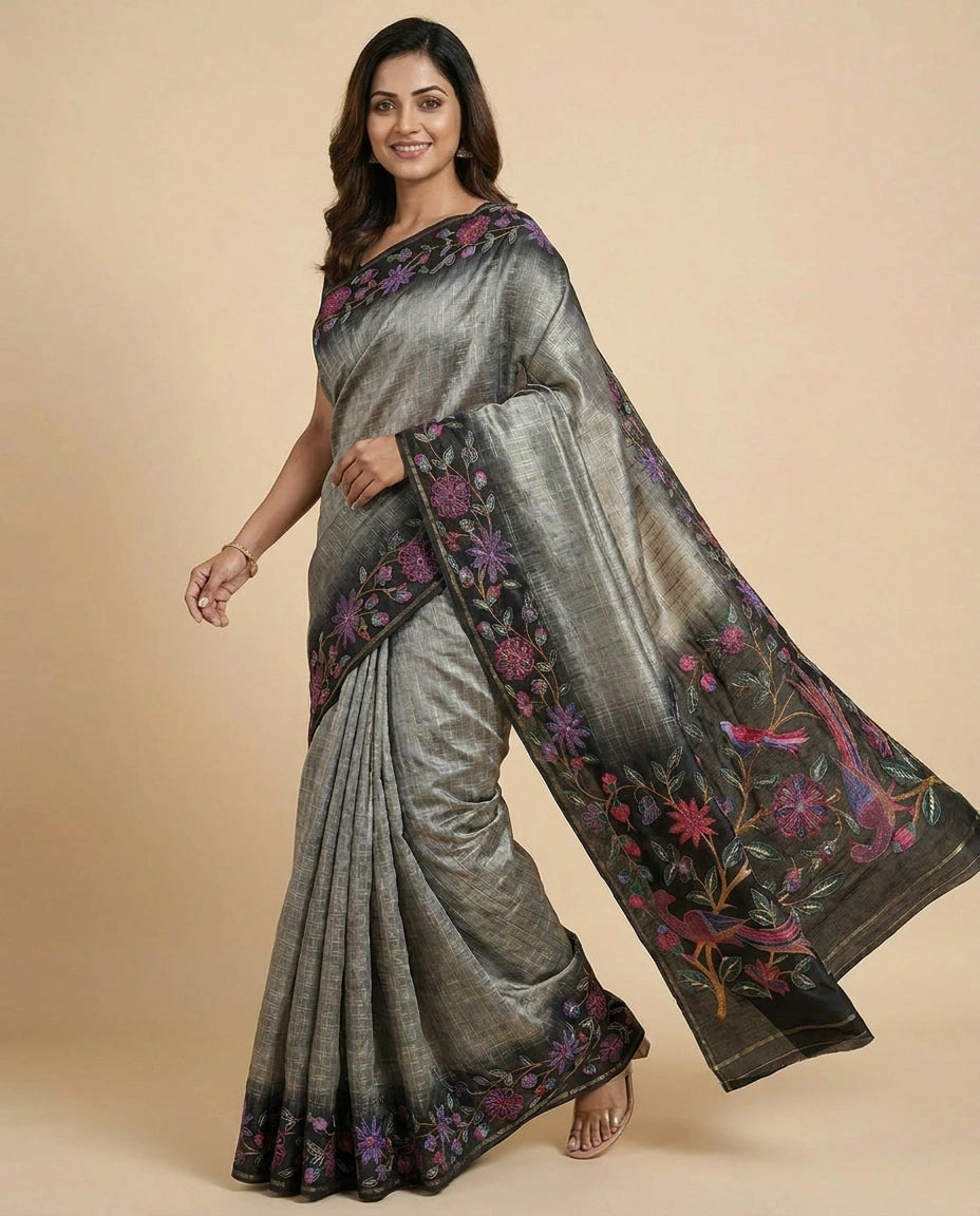 Tussar Silk Embroidered Saree with Floral Border - Rangoli India