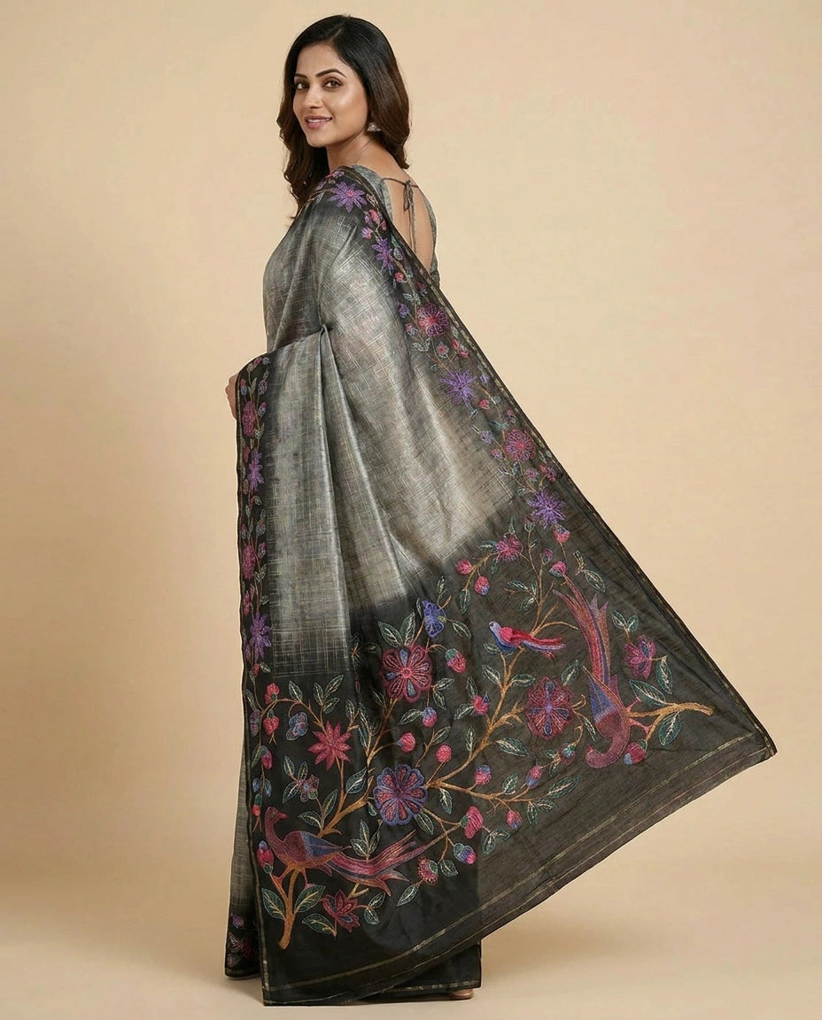 Tussar Silk Embroidered Saree with Floral Border - Rangoli India