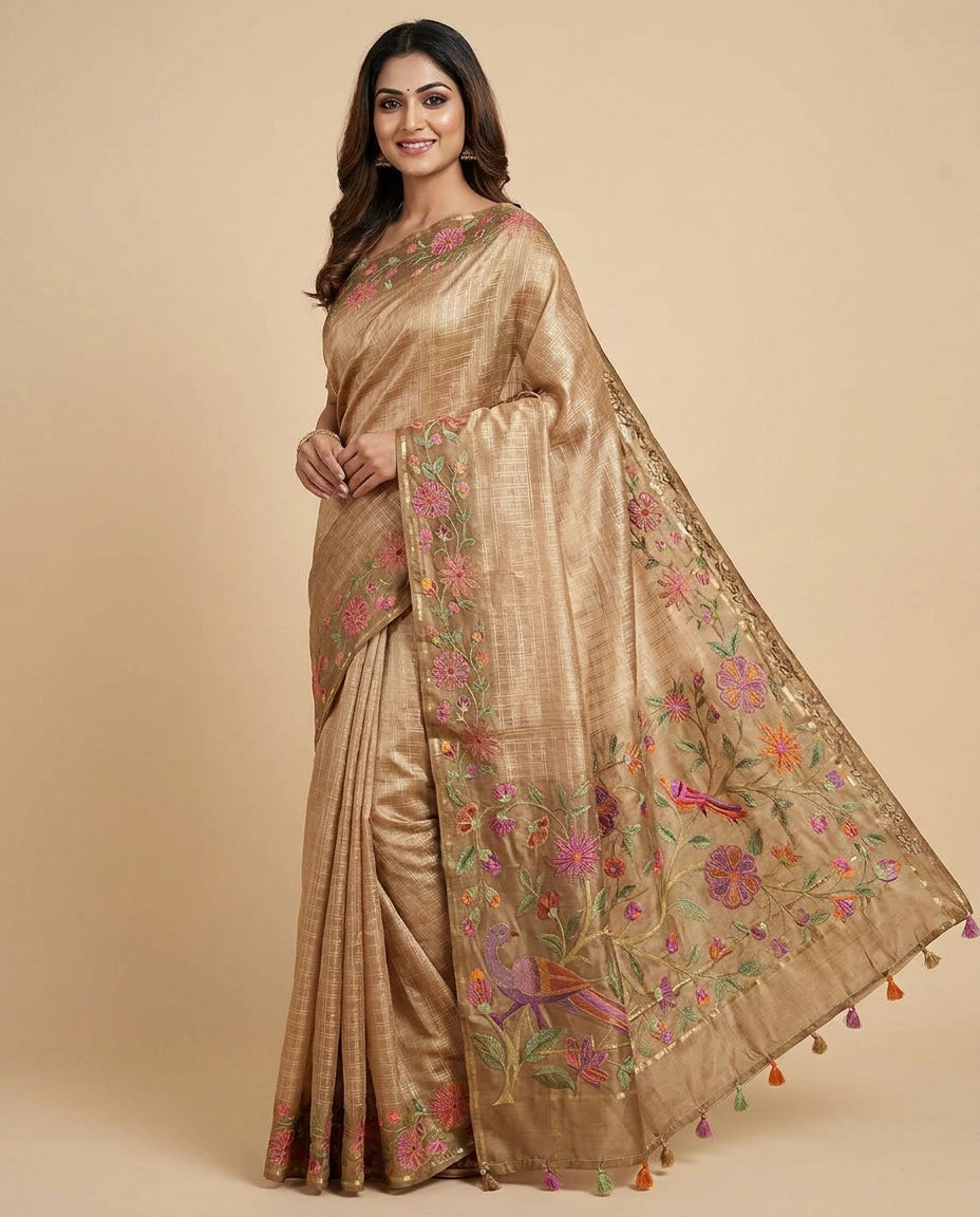 Tussar Silk Embroidered Saree with Floral Border - Rangoli India