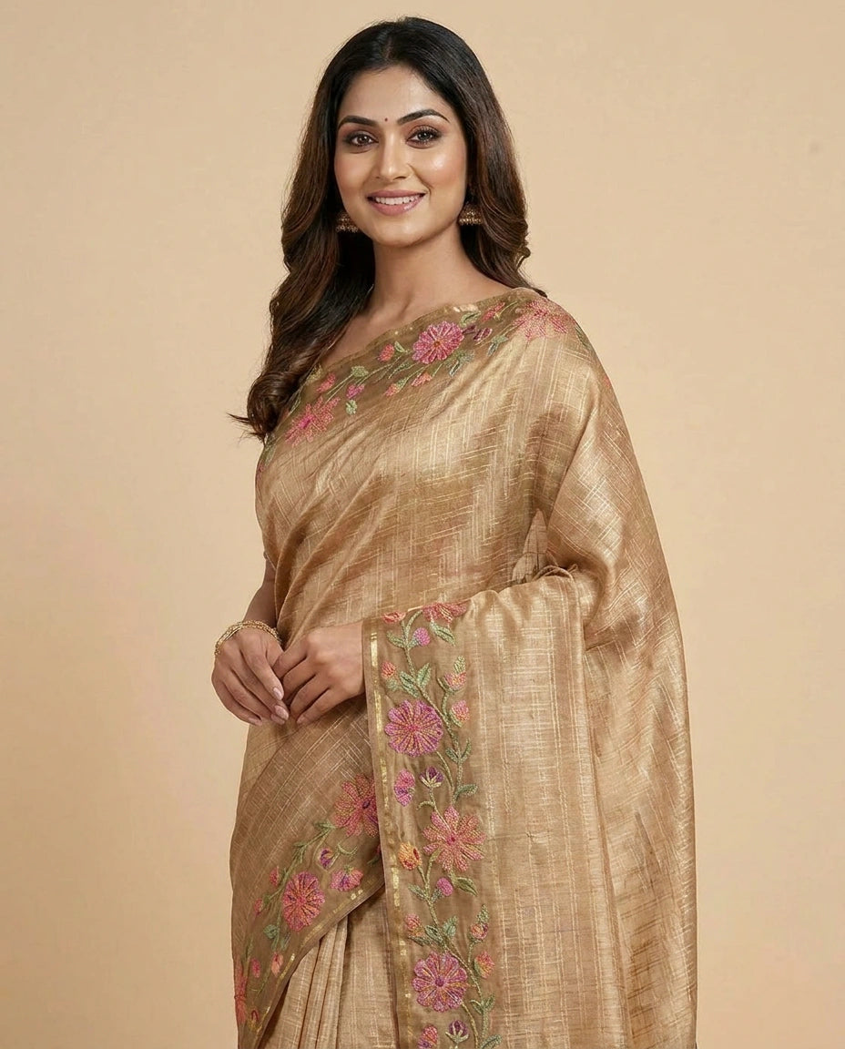 Tussar Silk Embroidered Saree with Floral Border - Rangoli India