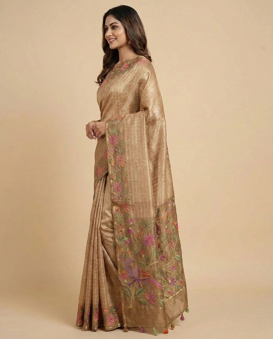 Tussar Silk Embroidered Saree with Floral Border - Rangoli India