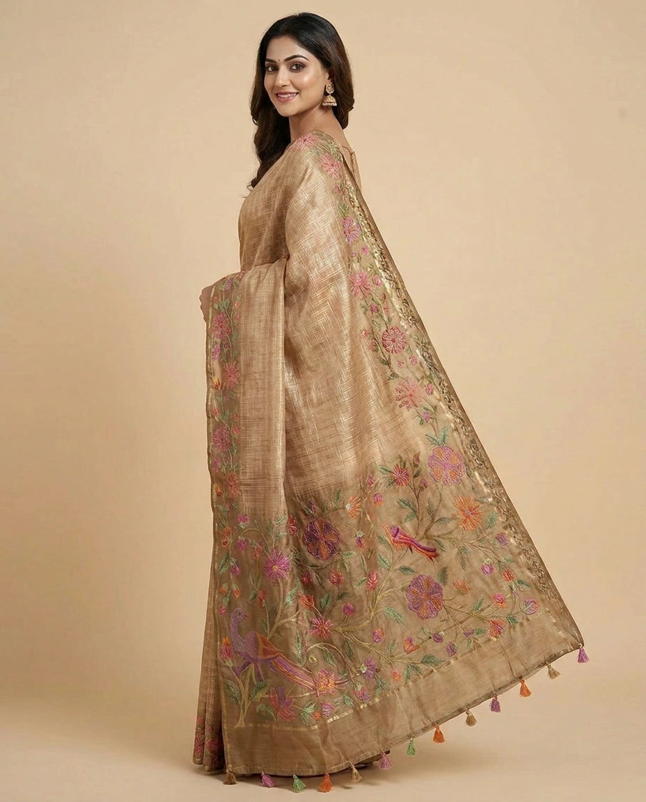 Tussar Silk Embroidered Saree with Floral Border - Rangoli India