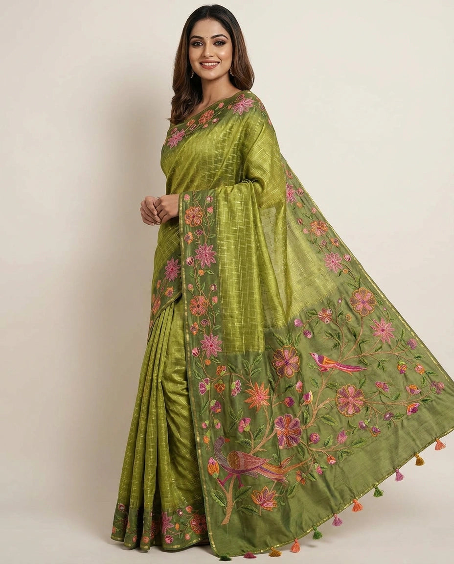 Tussar Silk Embroidered Saree with Floral Border - Rangoli India