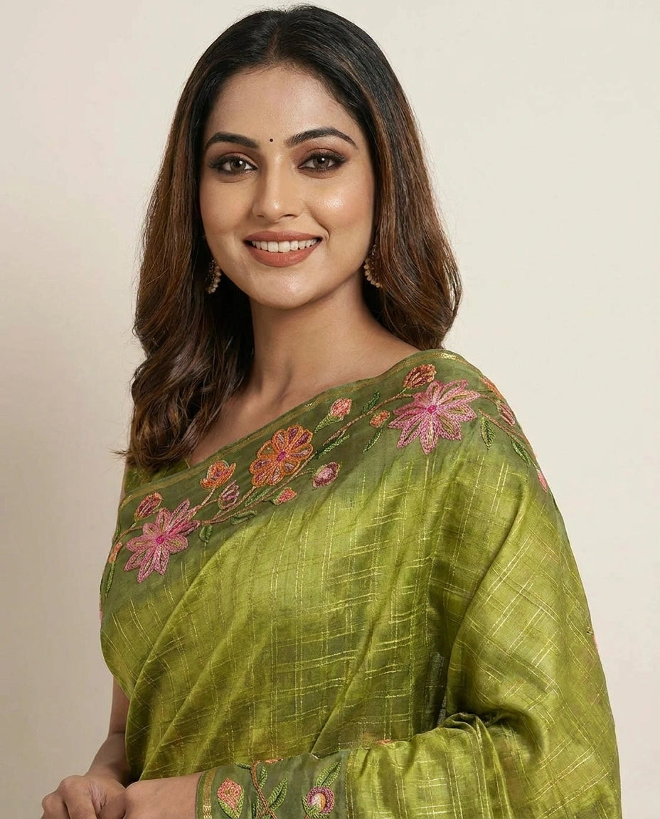 Tussar Silk Embroidered Saree with Floral Border - Rangoli India