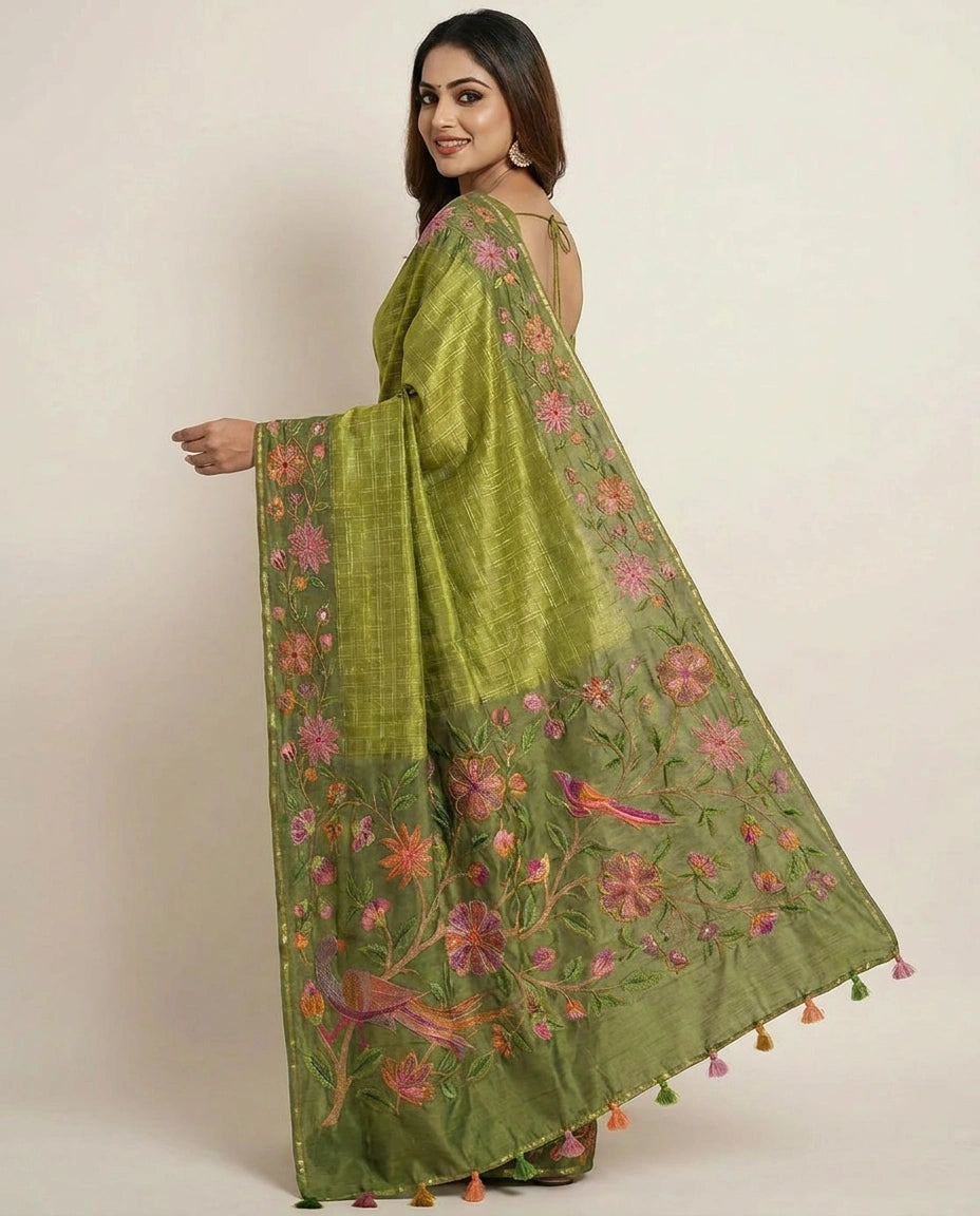 Tussar Silk Embroidered Saree with Floral Border - Rangoli India
