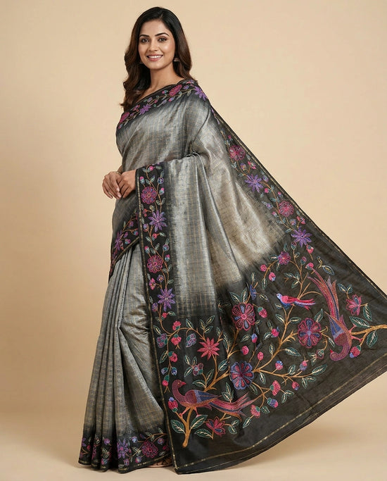 Tussar Silk Embroidered Saree with Floral Border - Rangoli India