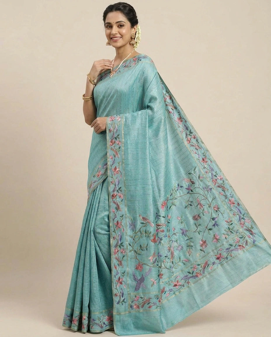 Tussar Silk Embroidered Saree - Rangoli India