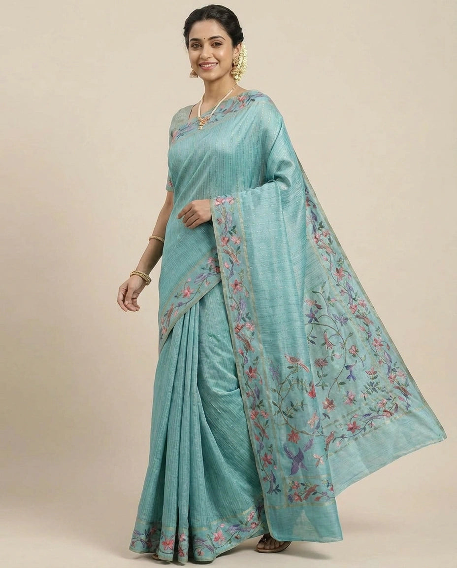 Tussar Silk Embroidered Saree - Rangoli India