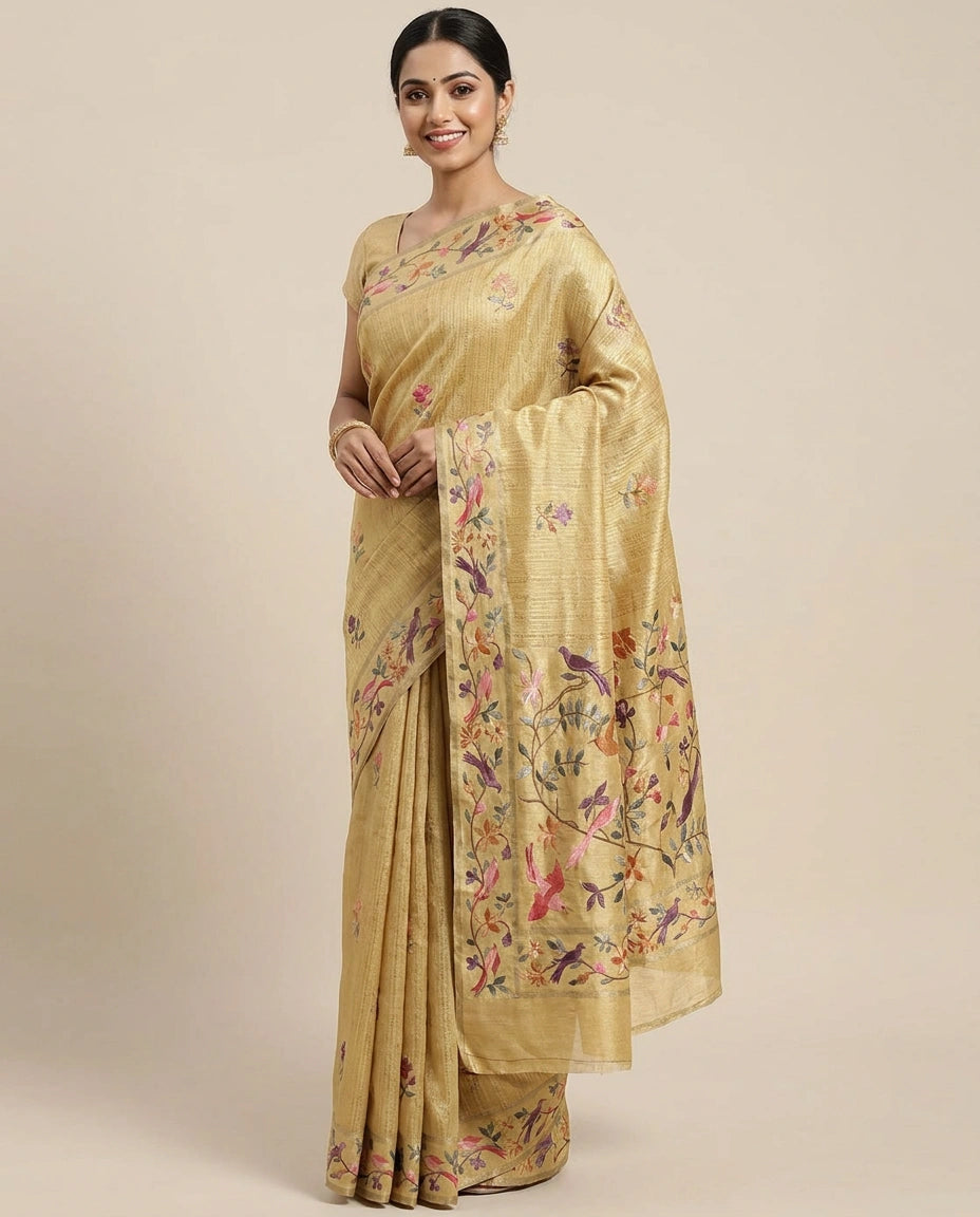 Tussar Silk Embroidered Saree - Rangoli India
