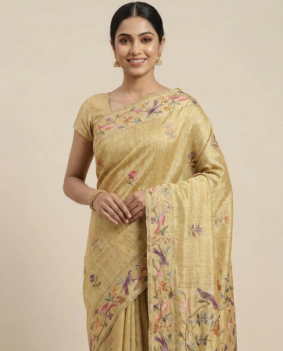 Tussar Silk Embroidered Saree - Rangoli India