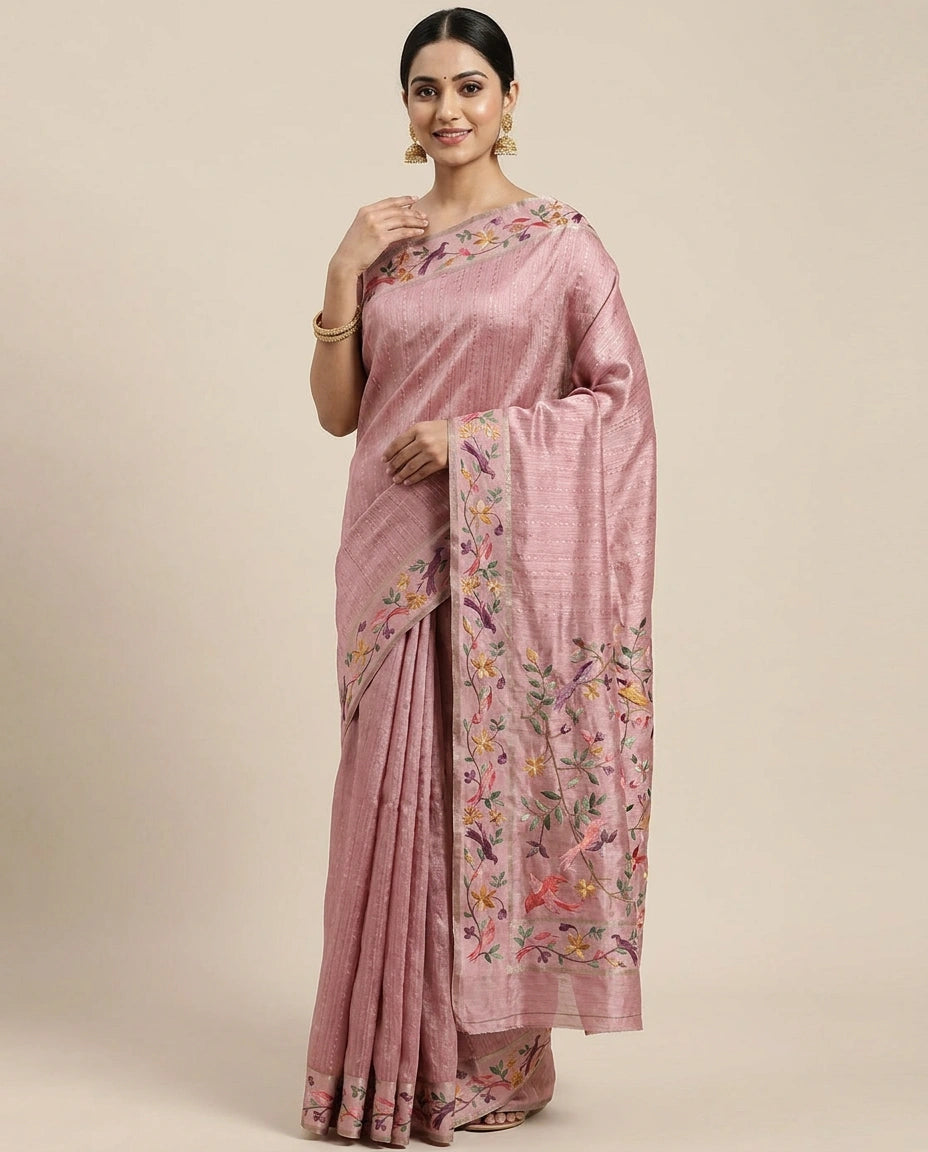 Tussar Silk Embroidered Saree - Rangoli India