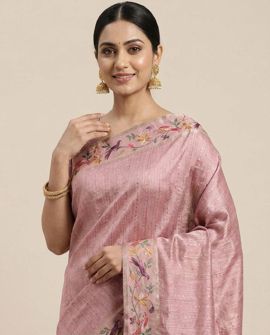 Tussar Silk Embroidered Saree - Rangoli India