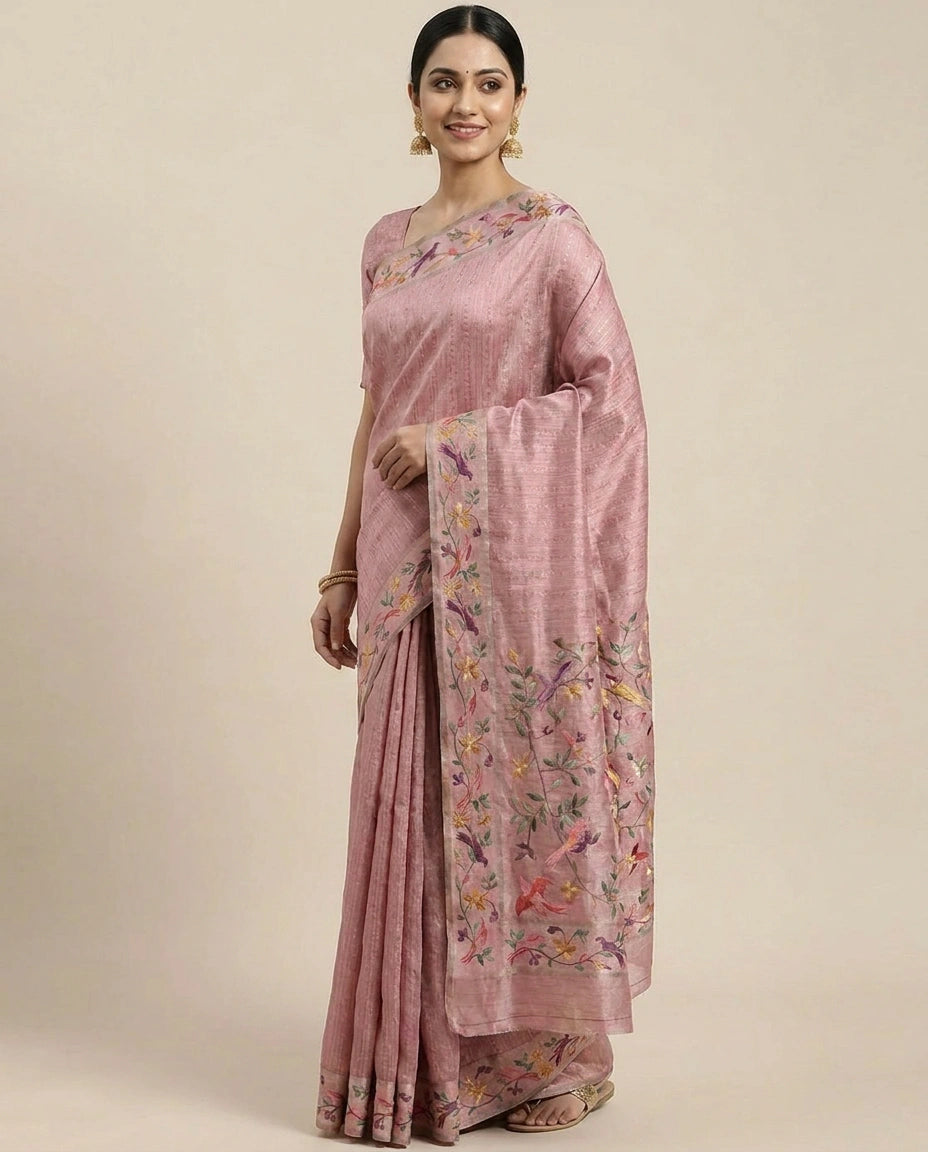 Tussar Silk Embroidered Saree - Rangoli India