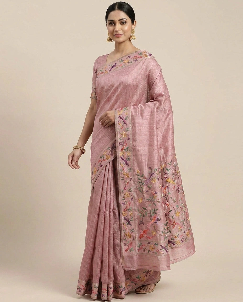 Tussar Silk Embroidered Saree - Rangoli India
