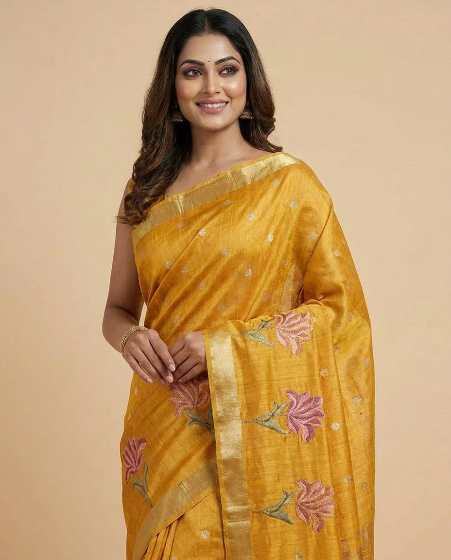 Tussar Silk Embroidered Saree with Floral Motif - Rangoli India