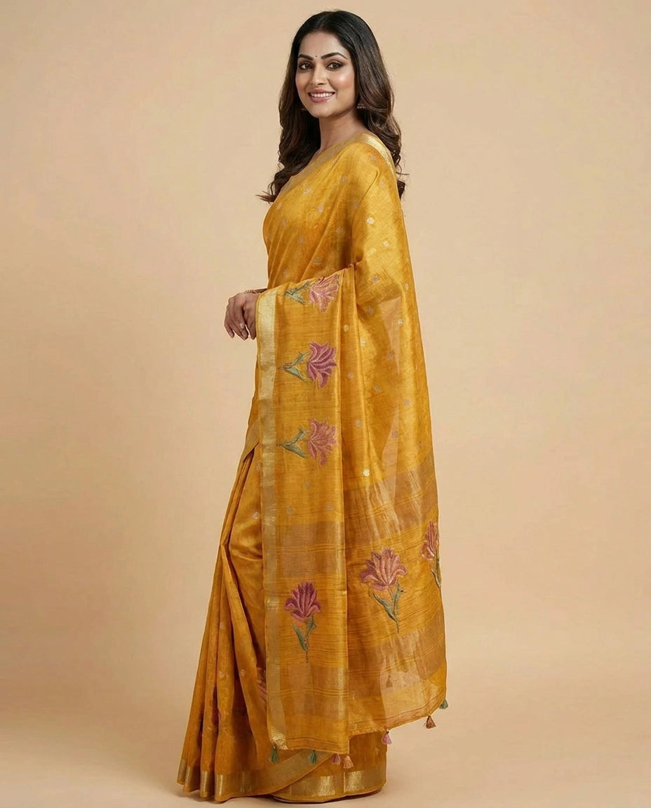 Tussar Silk Embroidered Saree with Floral Motif - Rangoli India