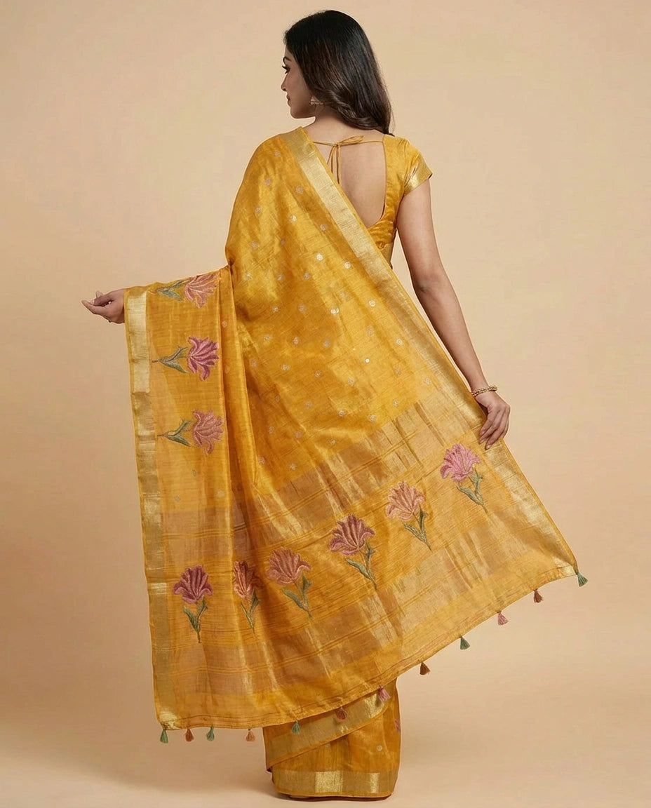 Tussar Silk Embroidered Saree with Floral Motif - Rangoli India