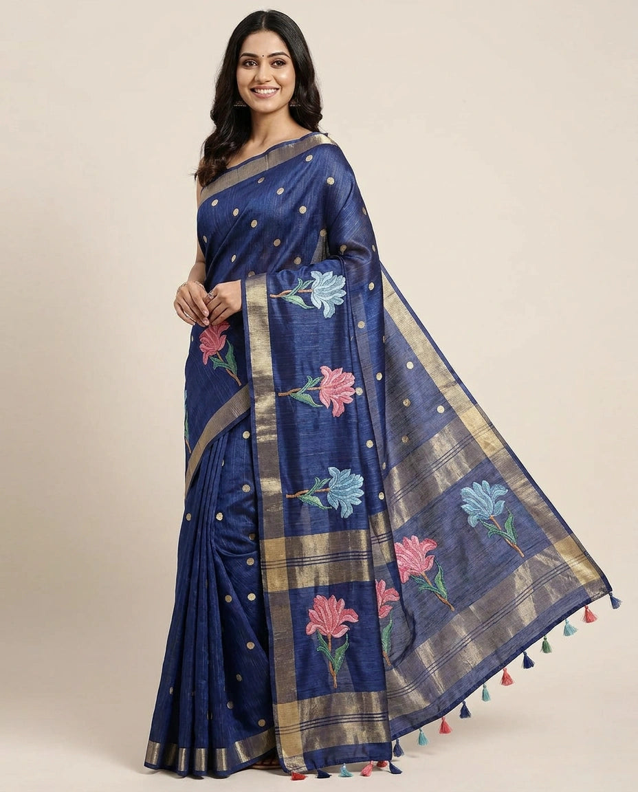Tussar Silk Embroidered Saree with Floral Motif - Rangoli India