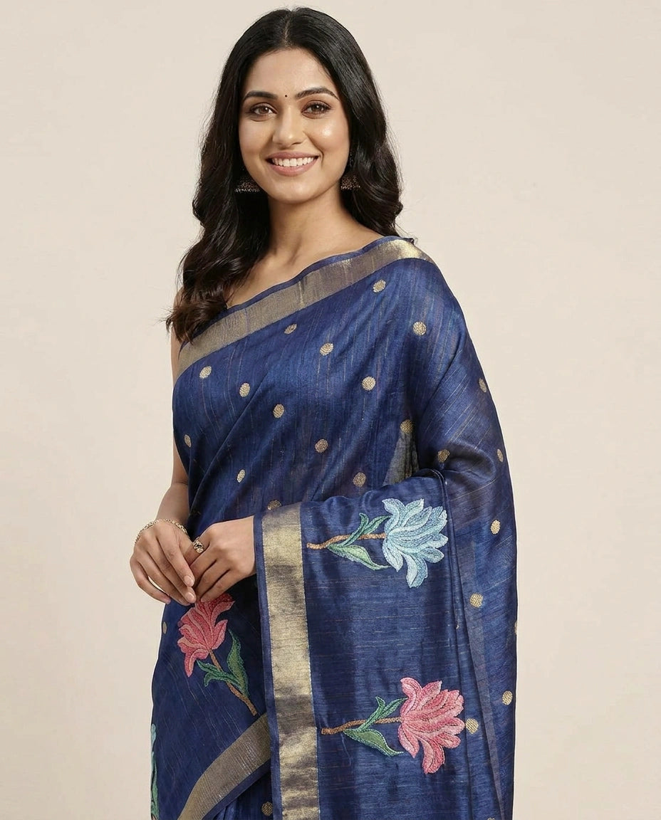 Tussar Silk Embroidered Saree with Floral Motif - Rangoli India