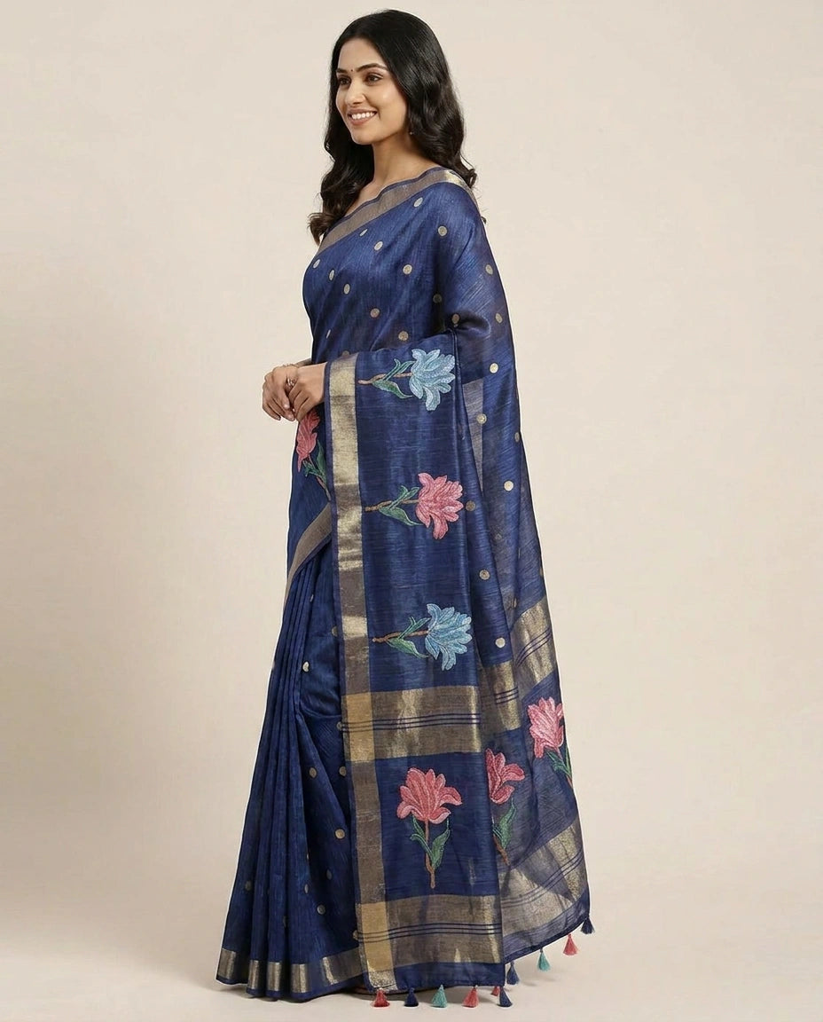 Tussar Silk Embroidered Saree with Floral Motif - Rangoli India