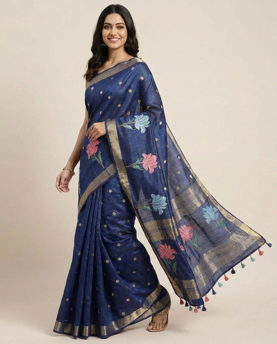 Tussar Silk Embroidered Saree with Floral Motif - Rangoli India