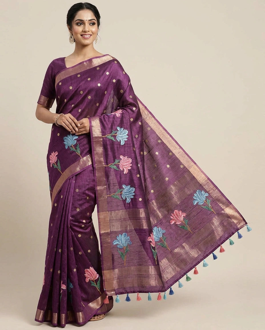 Tussar Silk Embroidered Saree with Floral Motif - Rangoli India