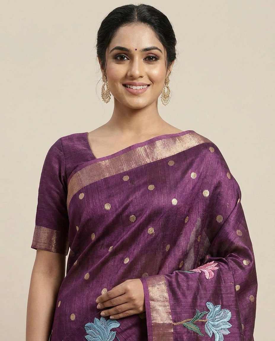 Tussar Silk Embroidered Saree with Floral Motif - Rangoli India