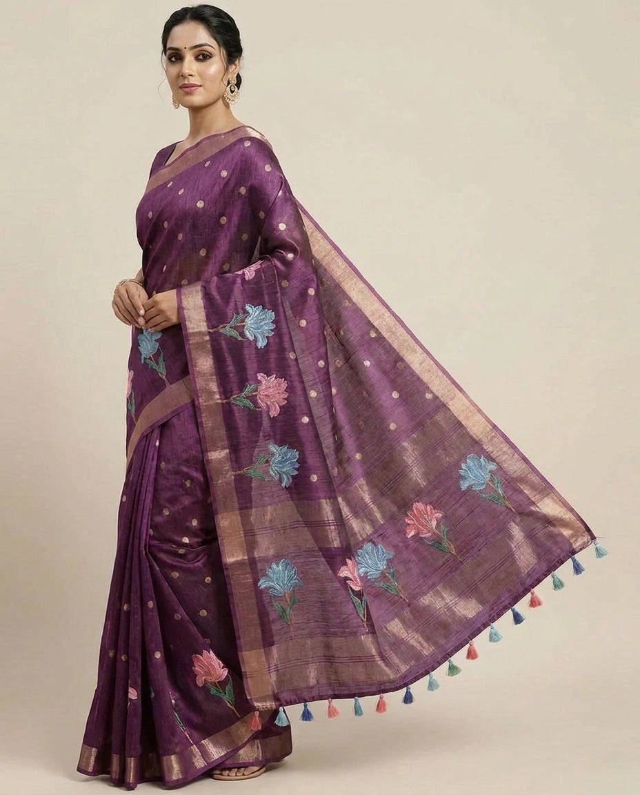 Tussar Silk Embroidered Saree with Floral Motif - Rangoli India