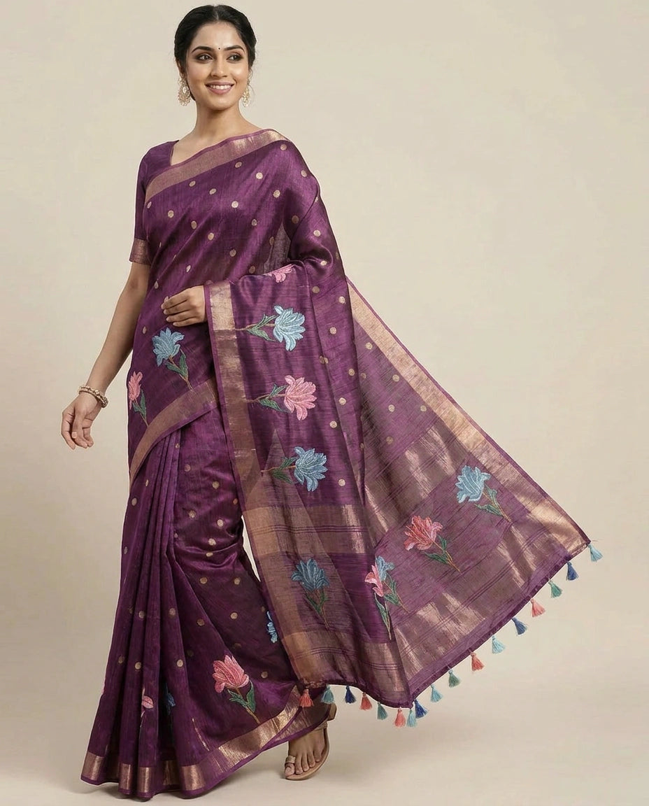 Tussar Silk Embroidered Saree with Floral Motif - Rangoli India