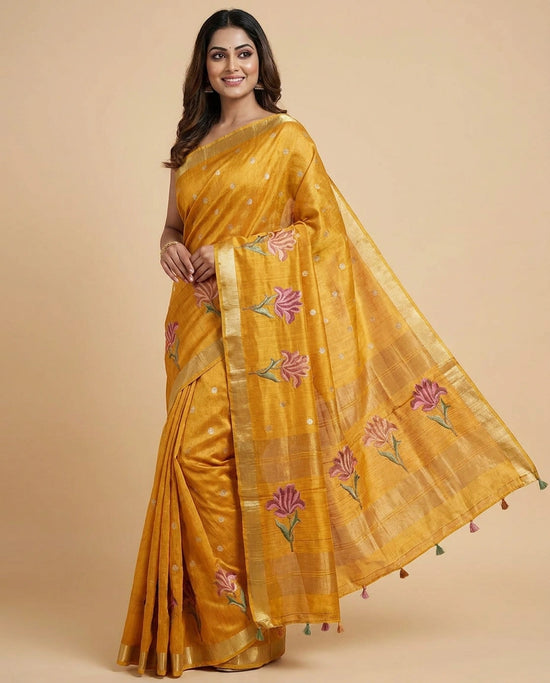 Tussar Silk Embroidered Saree with Floral Motif - Rangoli India