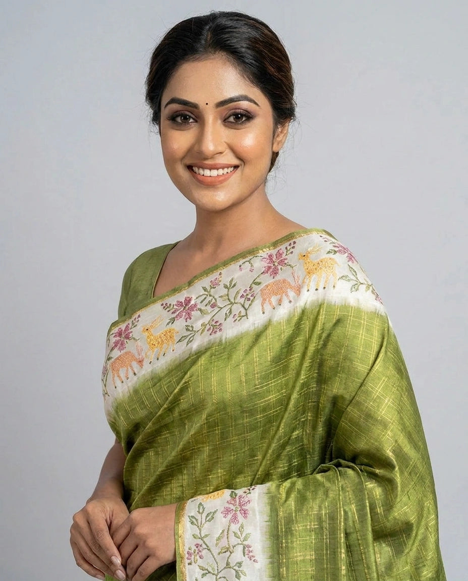 Tussar Silk Embroidered Saree with Printed Border - Rangoli India