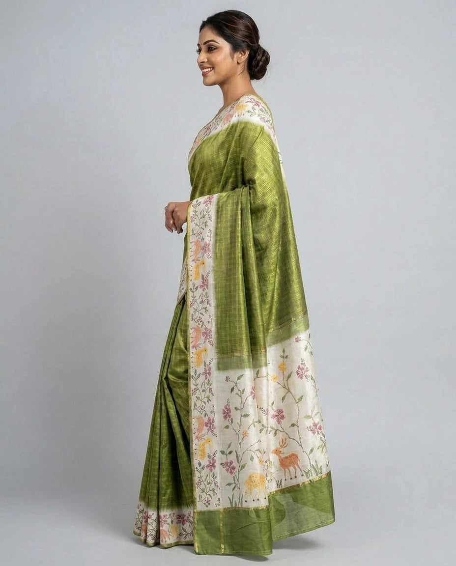 Tussar Silk Embroidered Saree with Printed Border - Rangoli India