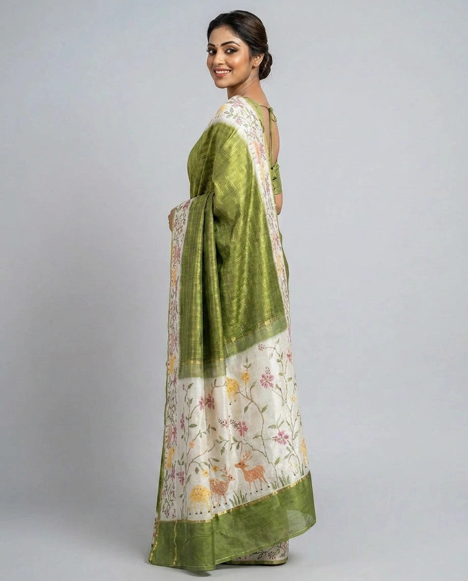 Tussar Silk Embroidered Saree with Printed Border - Rangoli India