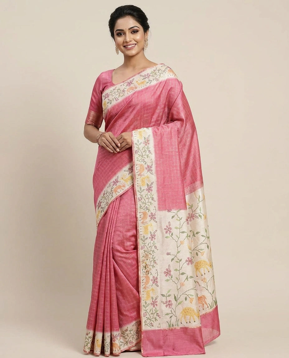 Tussar Silk Embroidered Saree with Printed Border - Rangoli India