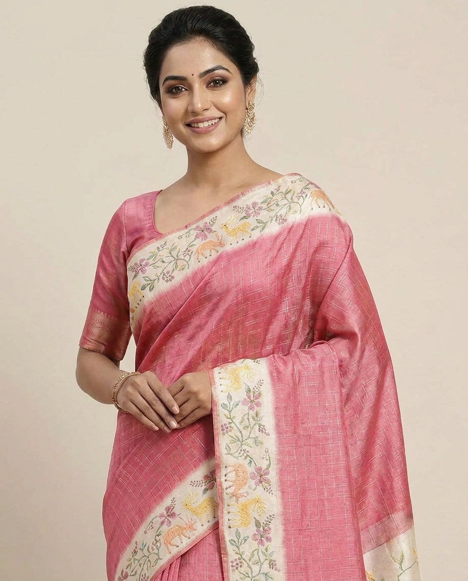 Tussar Silk Embroidered Saree with Printed Border - Rangoli India