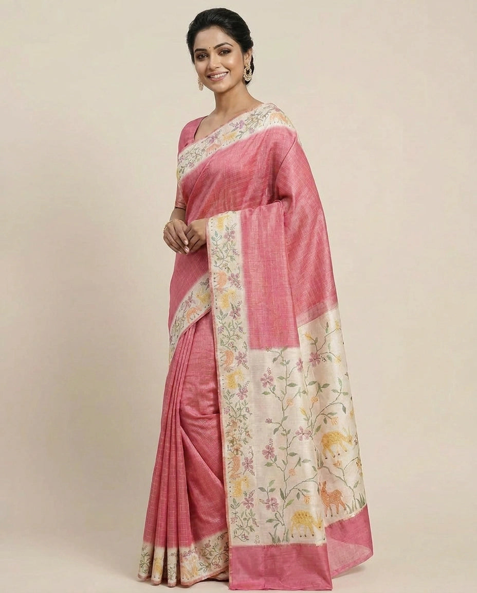 Tussar Silk Embroidered Saree with Printed Border - Rangoli India