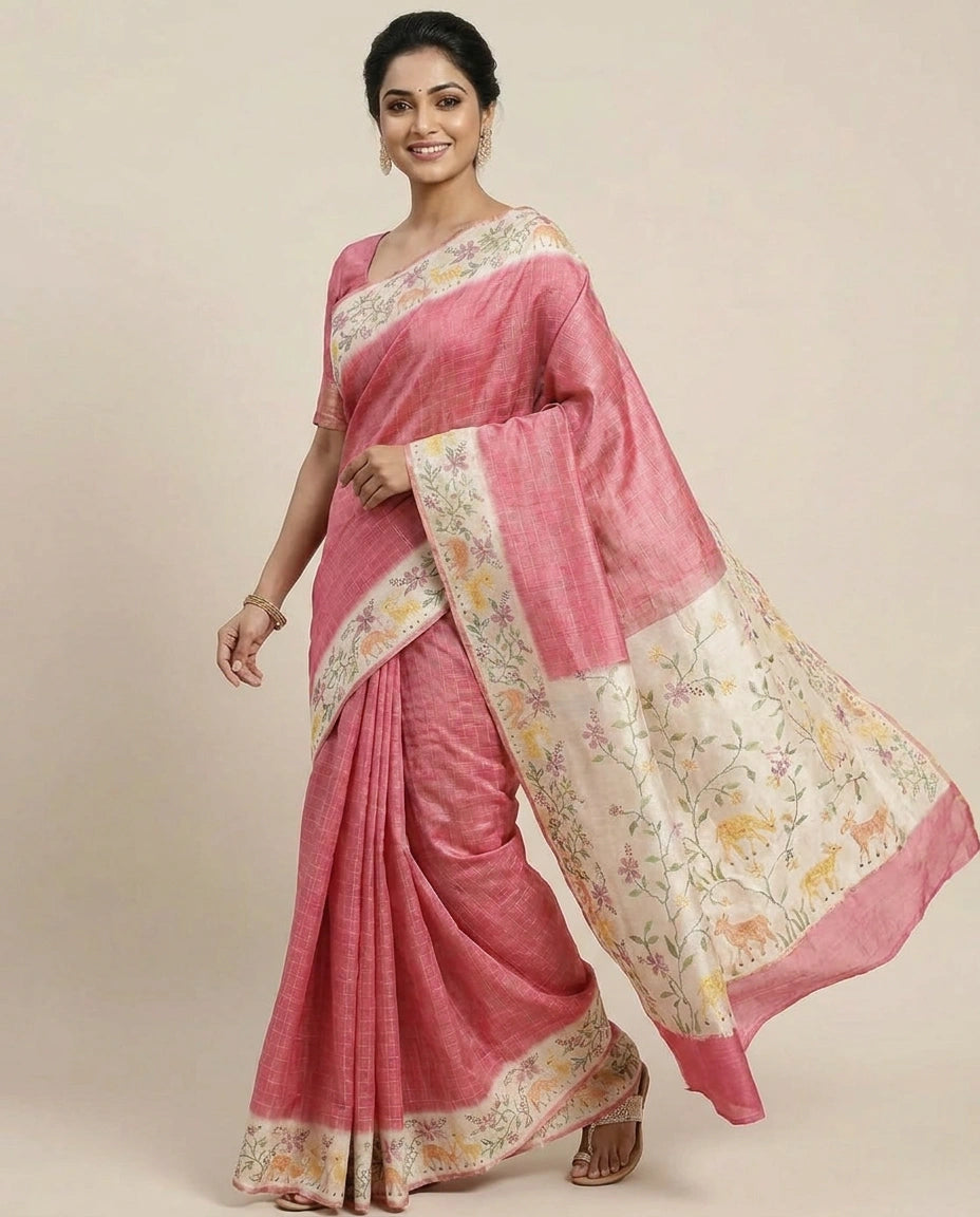 Tussar Silk Embroidered Saree with Printed Border - Rangoli India