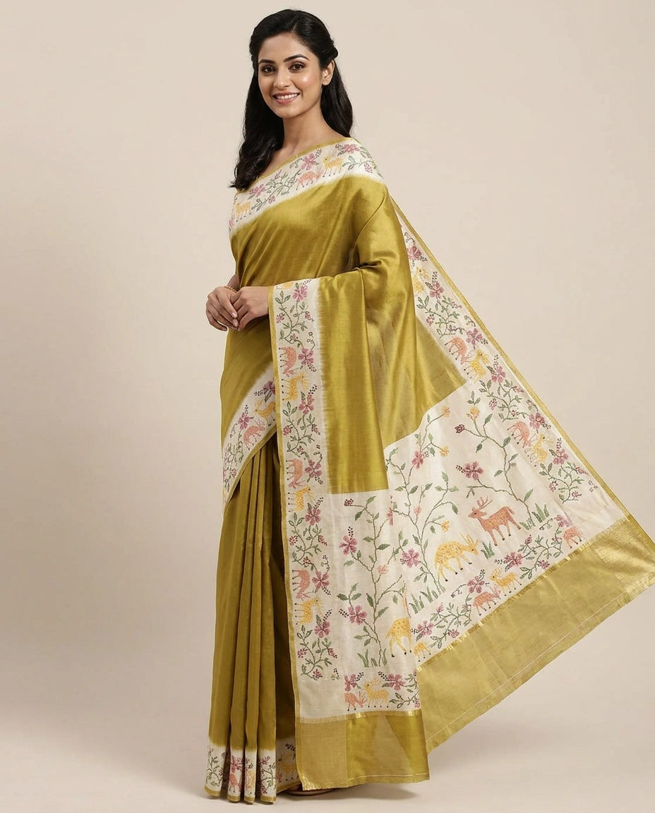 Tussar Silk Embroidered Saree with Printed Border - Rangoli India