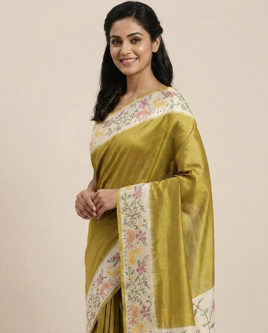Tussar Silk Embroidered Saree with Printed Border - Rangoli India