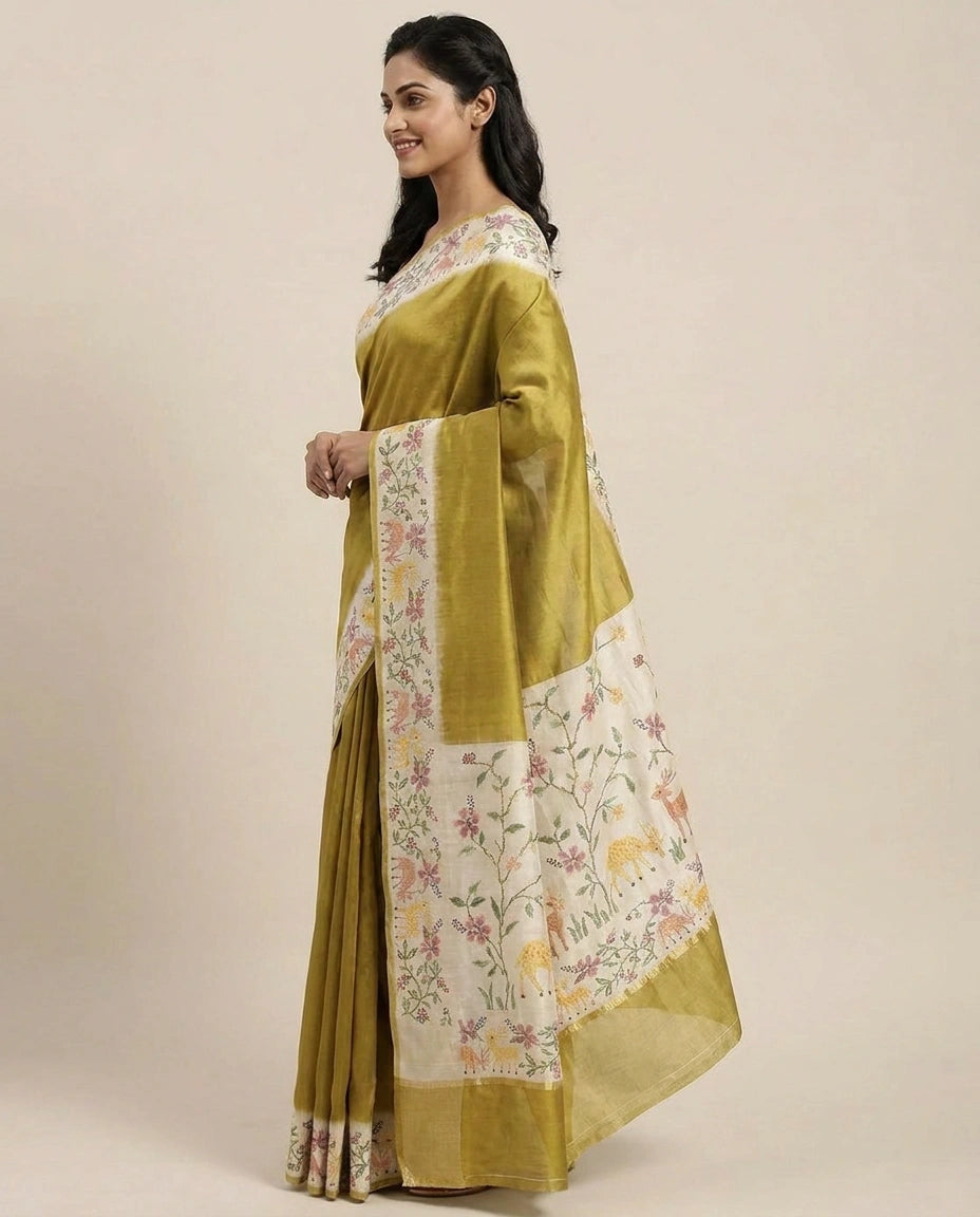 Tussar Silk Embroidered Saree with Printed Border - Rangoli India