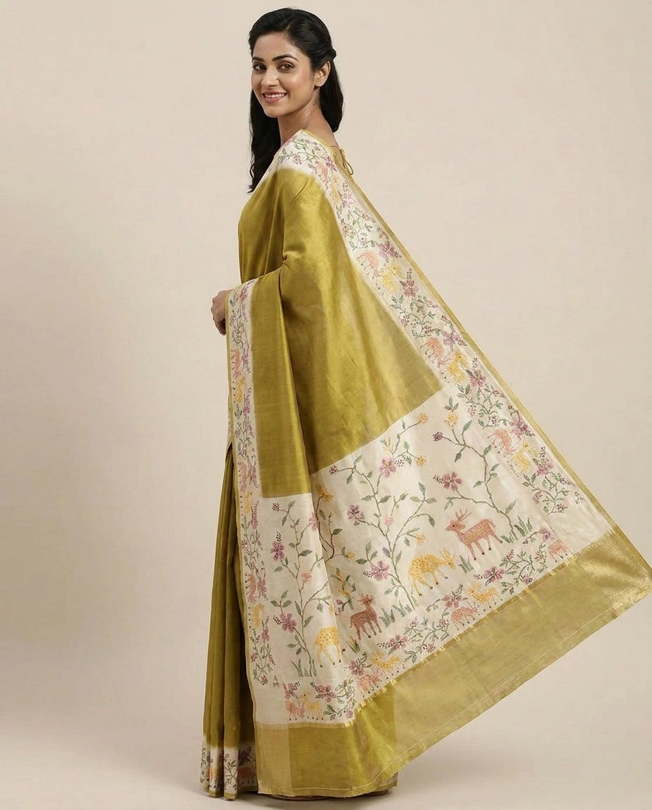 Tussar Silk Embroidered Saree with Printed Border - Rangoli India