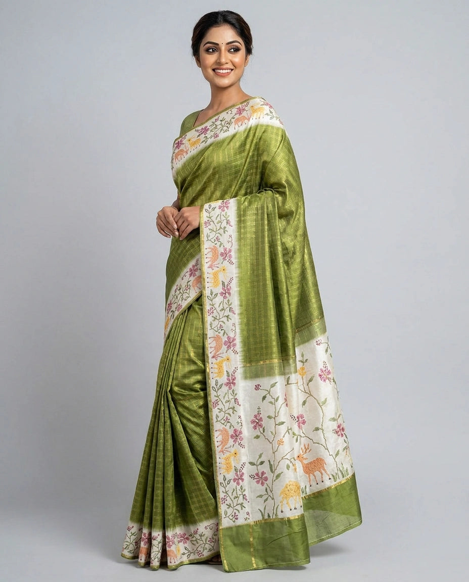 Tussar Silk Embroidered Saree with Printed Border - Rangoli India