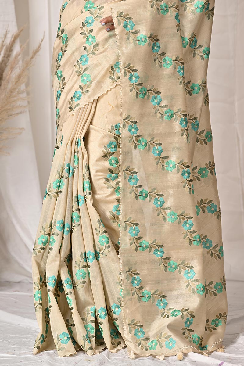 Beige Tussar Silk Embroidery Saree - tussar; silk Indian ethnic wear by Rangoli