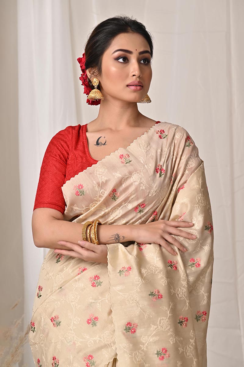 Beige Tussar Silk Saree