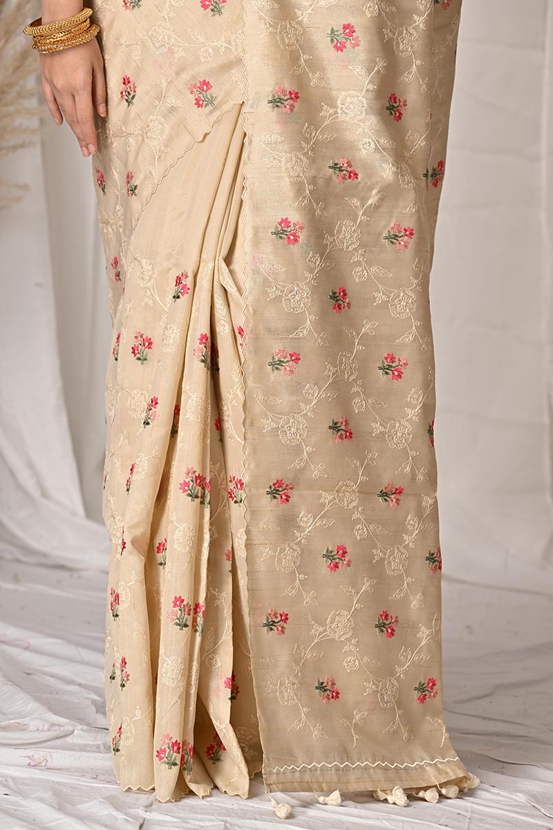 Beige Tussar Silk Saree