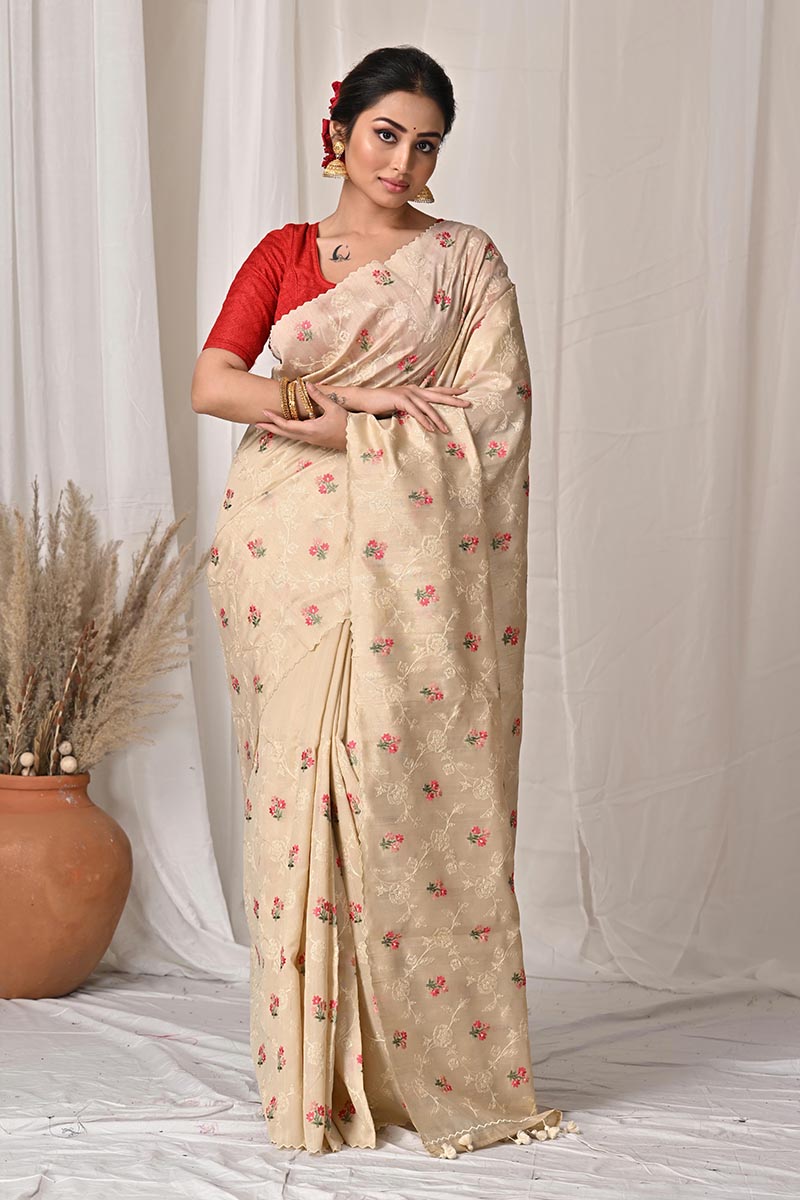 Beige Tussar Silk Saree