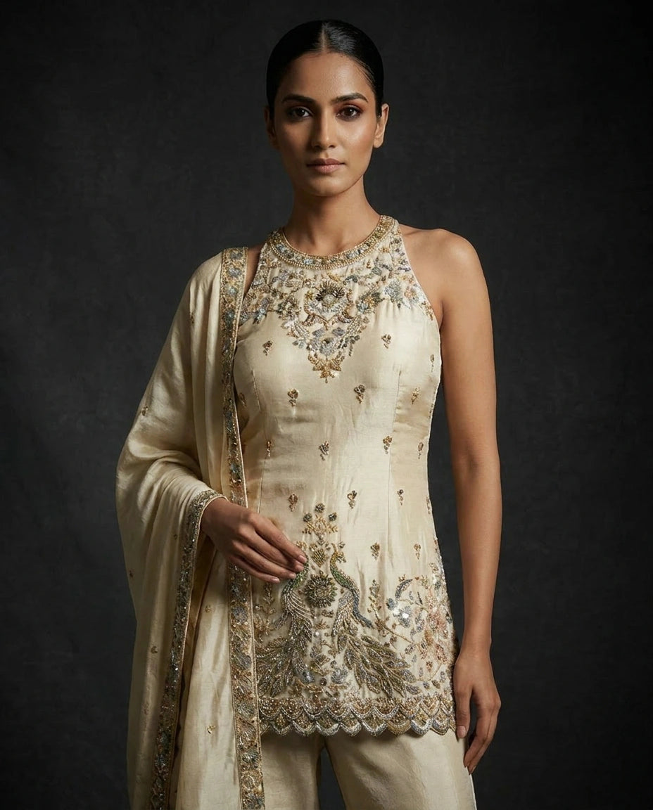 Off White Tissue Palazzo Suit with Flared Palazzo view 2