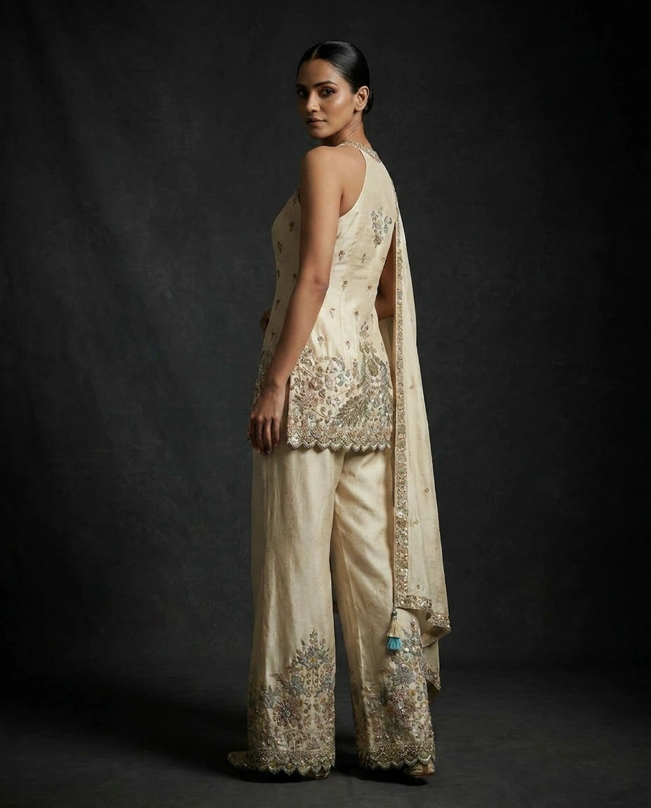 Off White Tissue Palazzo Suit with Flared Palazzo view 3