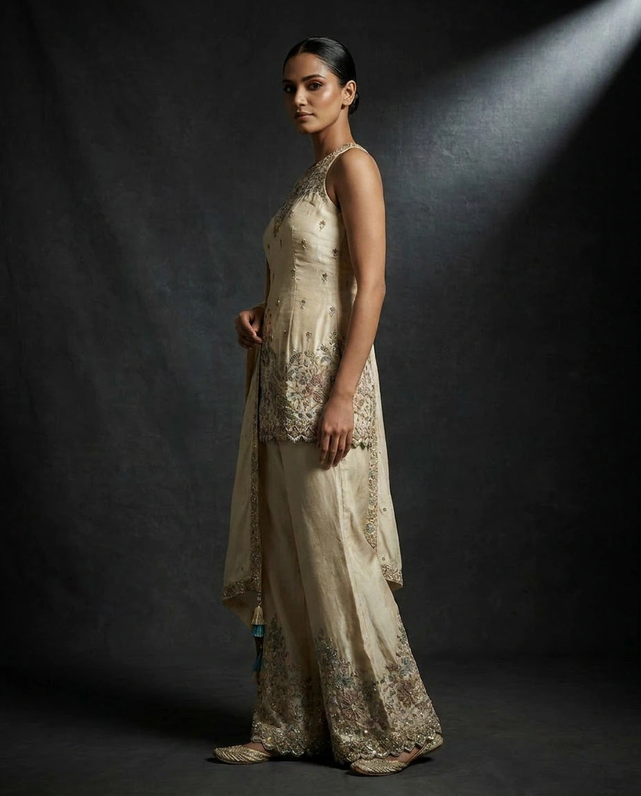Off White Tissue Palazzo Suit with Flared Palazzo view 4
